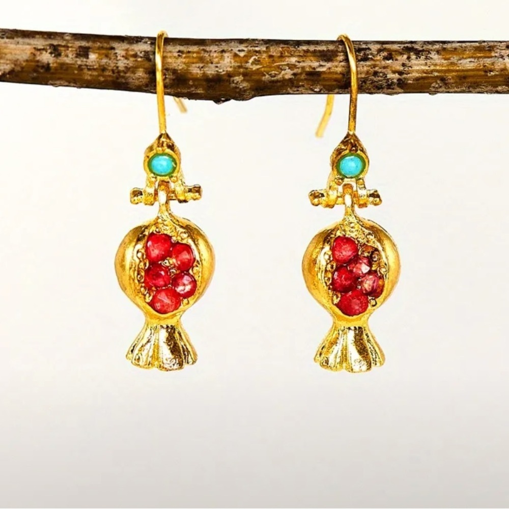 Bohemian Gold and Red pomegranate Earrings - Picture 2 of 4
